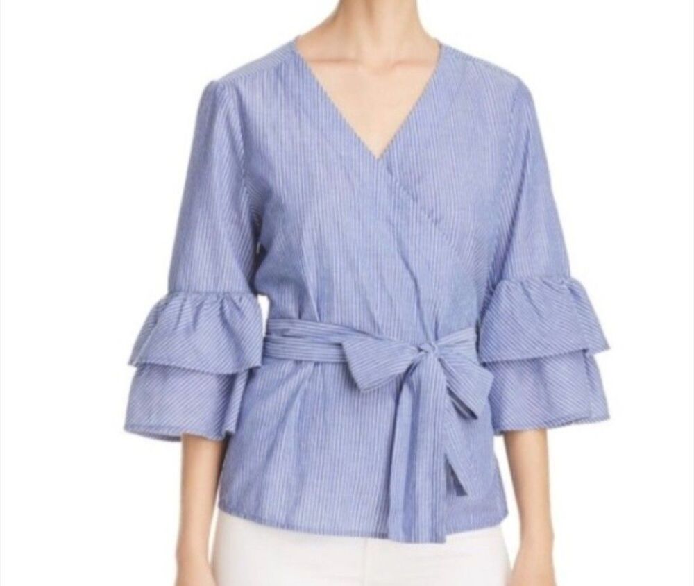BeachLunchLounge Blue White Wrap Side Tie Ruffle Blouse Shirt Top Small S/P